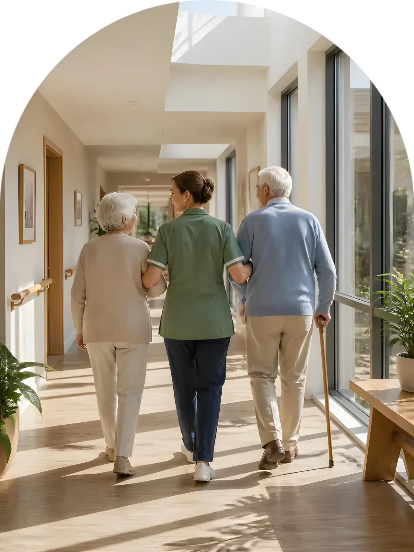 A caregiver walking two residents down a sunlit corridor