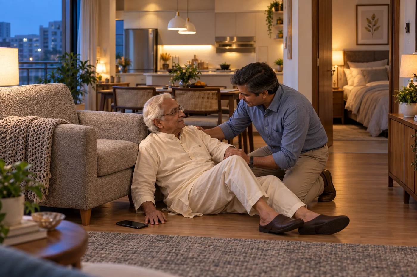 A son kneels beside his father on the living-room floor after a fall