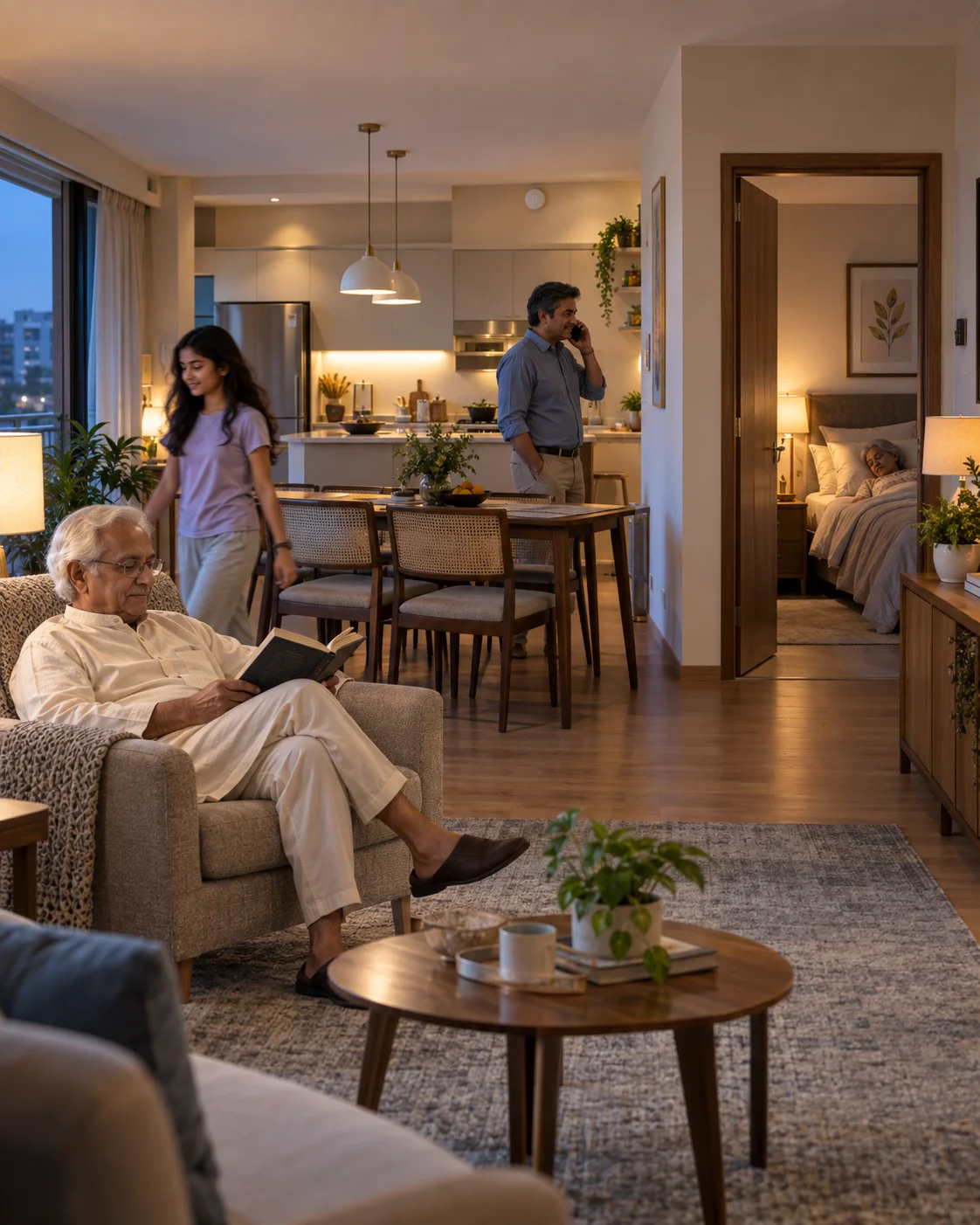The family at home in the evening, with a small Aangan sensor high on the kitchen wall