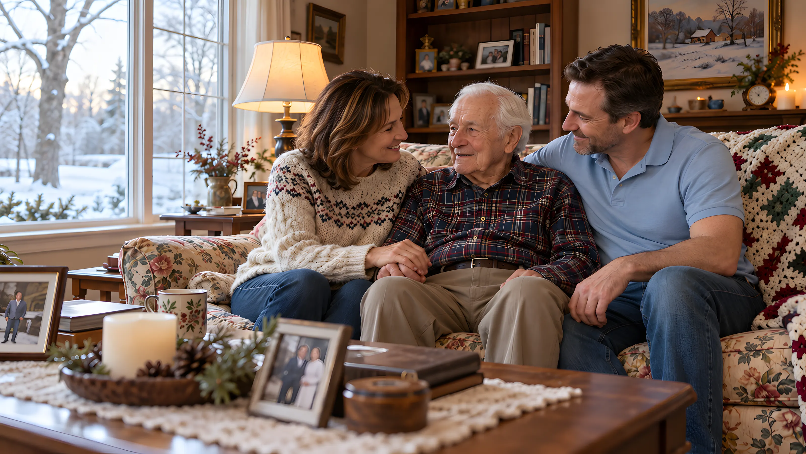 An older father on his sofa with his grown-up daughter and son, in a warm living room on a winter evening